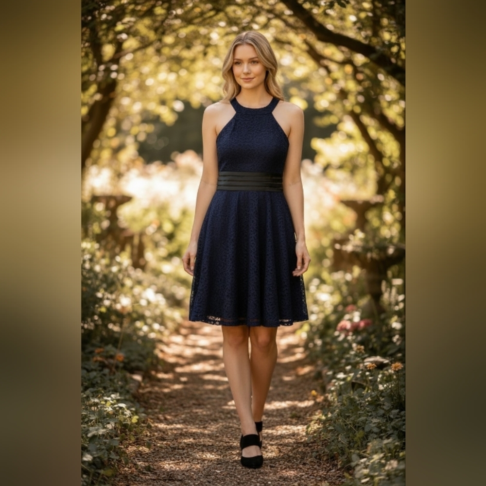 City Studio Navy Halter Lace Fit-and-Flare Mini Dress